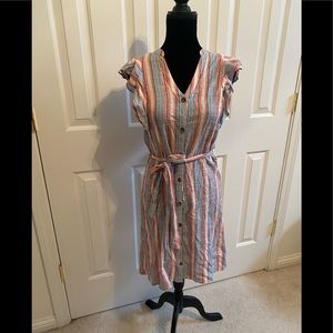 Worn twice Elle striped  chambray-linen type button down dress. Light weight.